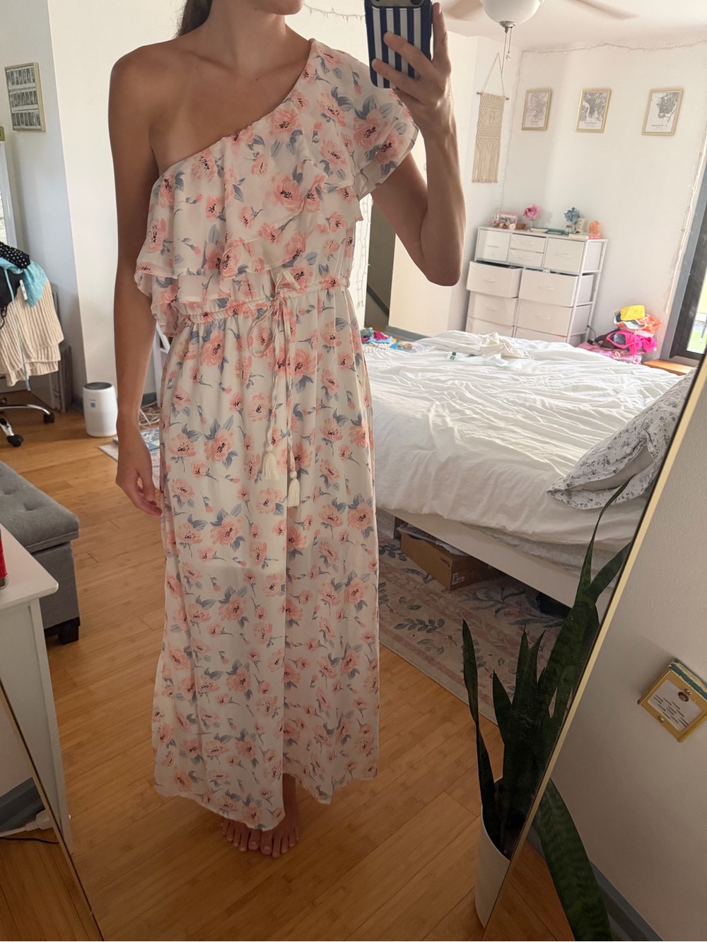 miami One-Shoulder Floral Maxi Dress in Blush Pink and Light Blue